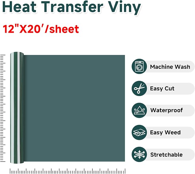 RENLITONG Dark Green Iron on Vinyl 12Inch by 20ft Roll Heat Transfer Vinyl