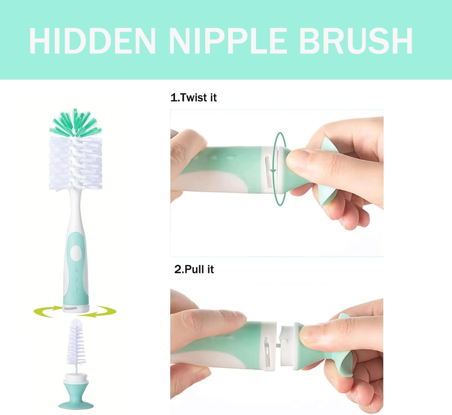 Baby Bottle Brush, 5 in 1 Bottle Cleaner Brush Set with Nylon and Silicone Bottle Brush, Straw Brush, Bottle Brush with Nipple Cleaner and Suction Cup, Cup Lid Cleaner Brushes Kit, BPA-Free (Green)