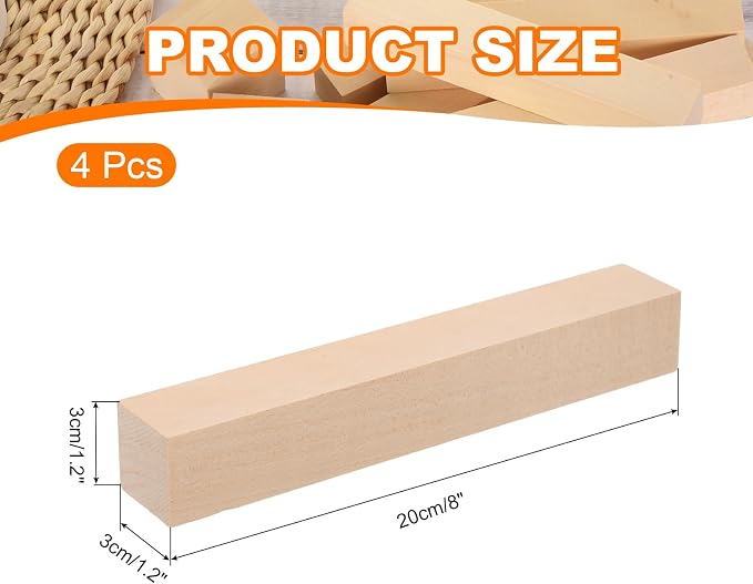 MECCANIXITY 4Pcs Basswood Carving Block, 1.2"x1.2"x8" Square Wooden Dowels
