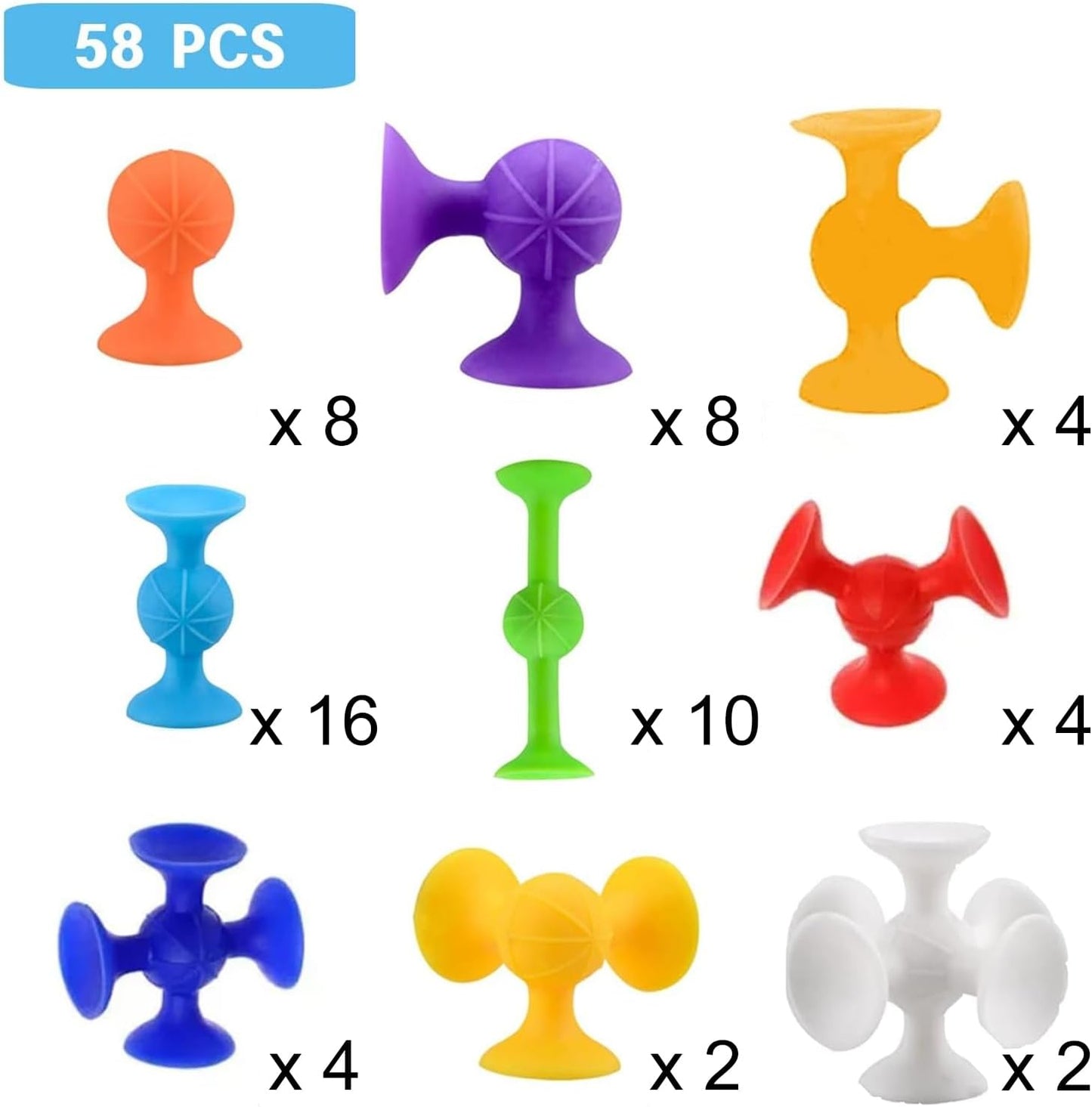 58 Piece Suction Fun Sticky Toy Set with Storage Bin, BPA Free Silicone, Stimulating Sensory Travel Bathtub Window Toys for Kids Boys Girls, Medium