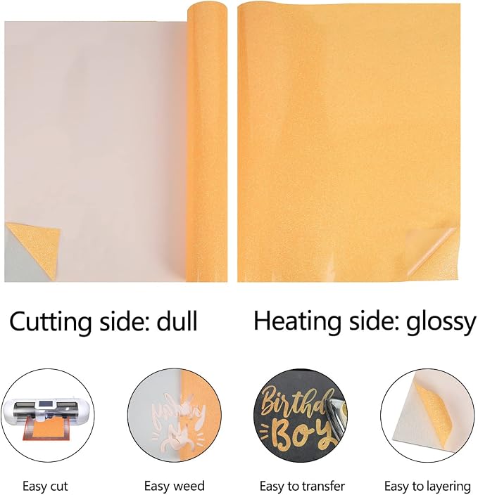 guangyintong Glow Glitter Orange Yellow Heat Transfer Vinyl HTV Rolls, Glitter