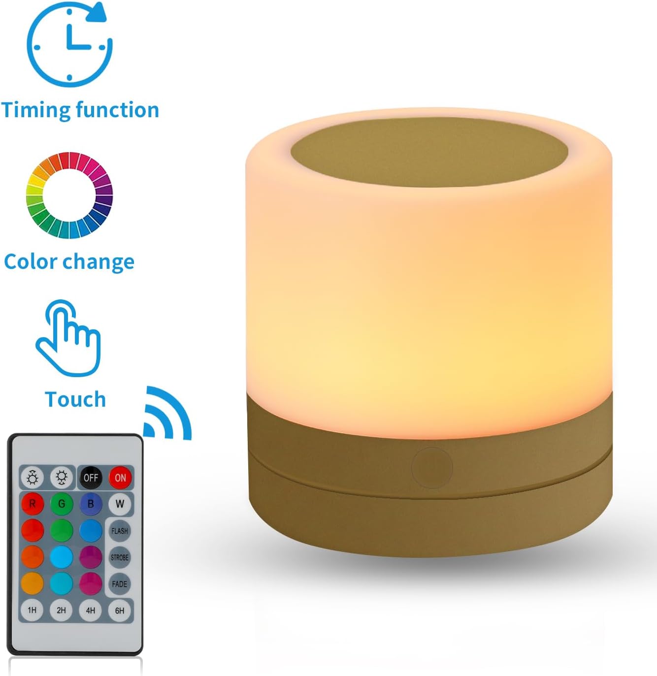 ERUN Nursery Night Light for Kids, USB Rechargeable Small Desk Lamp,13 RGB Colors & 4 Brightness & 1 Remote, Touch Bedside Cordless Table Lamp, Portable Night Lamp for Bedroom Living Room Home (Gold)