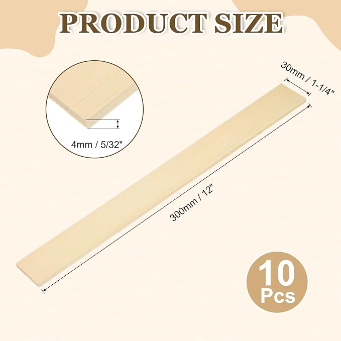 MECCANIXITY 10Pcs Wood Strips Slats, 5/32" x 1‑1/4" x 12" Thin Wood Sticks Flat