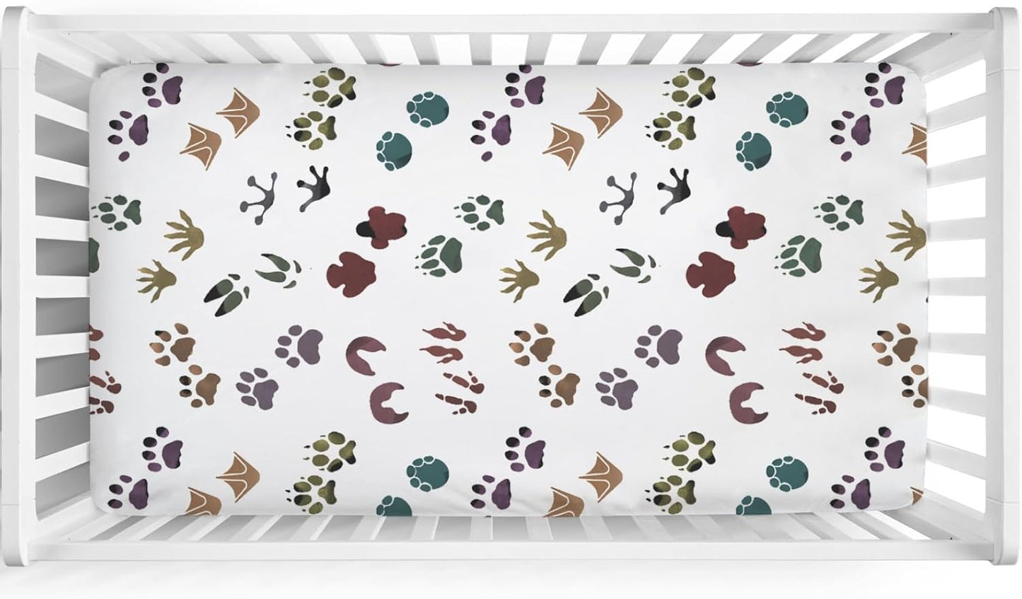 Cute Animals Tracks Baby Crib Sheets 52''x28'' Animals Footprint Snug Fitted Crib Mattress Cover for Boy Girl Wild Animals Soft Baby Bed Sheets for Standard Crib and Toddler Mattresses