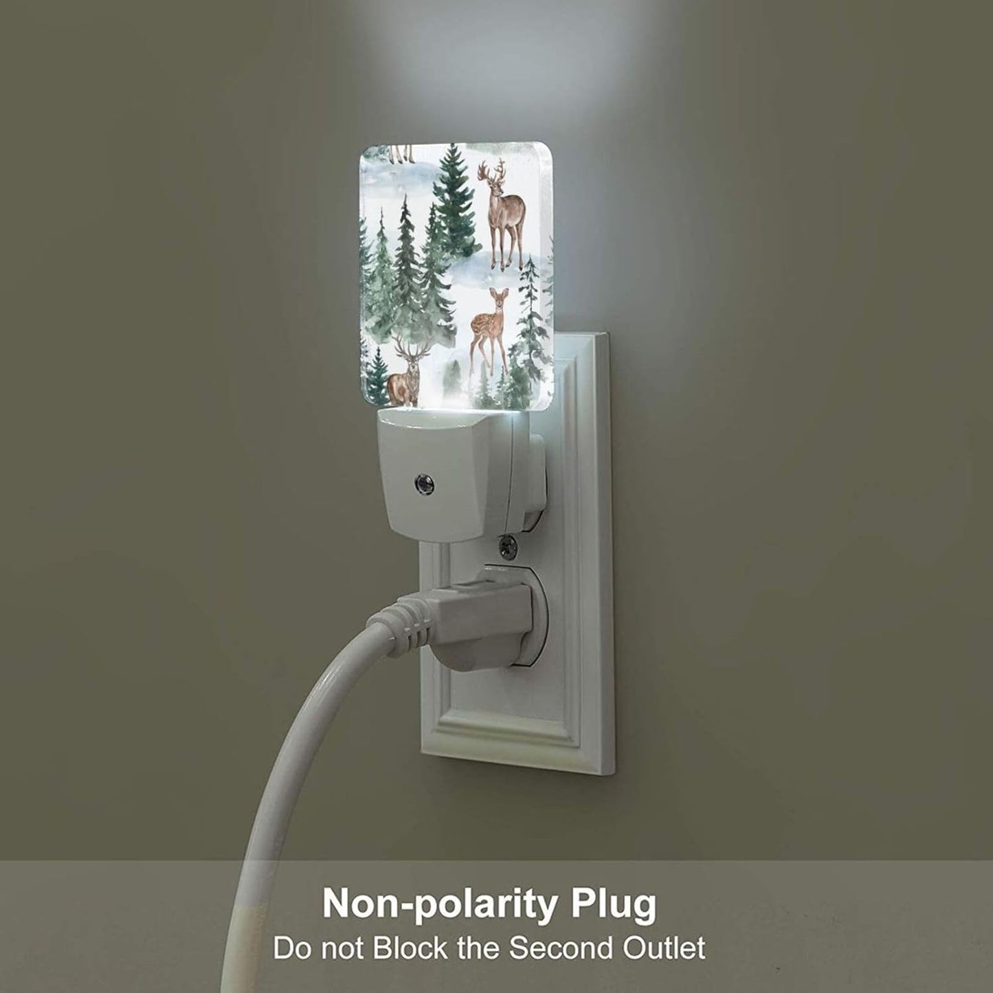Watercolor Deer and Forest Night Light,Plug Into Wall for Boys Girls Bedroom Decorative Square Night Light Lamp 0.5w Sleep Friendly