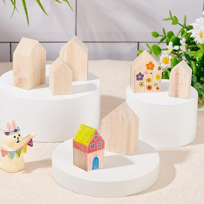 OLYCRAFT 12Pcs 4Sizes Unfinished Wood House Shaped Blocks Arrow Shape Wooden