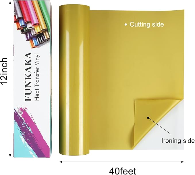 FUNKAKA Golden HTV Heat Transfer Vinyl Rolls, Adhesive Golden HTV Vinyl
