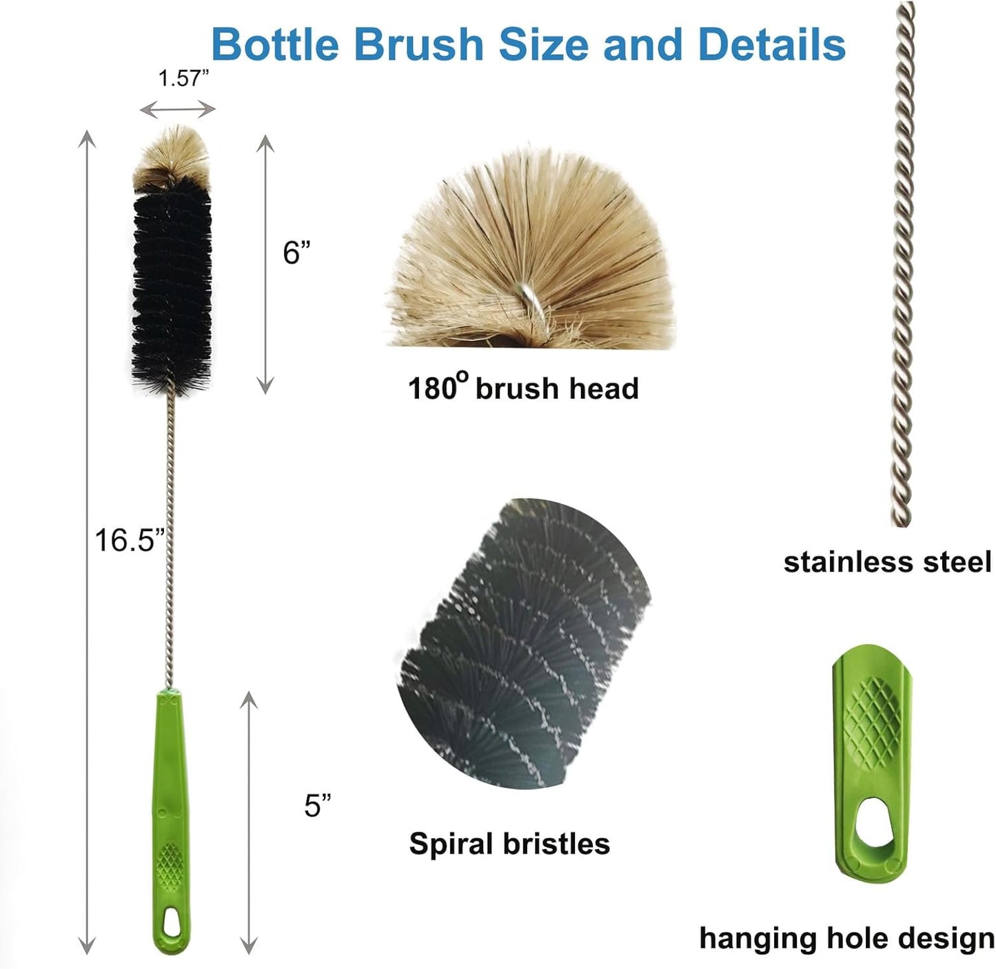16" Water Bottle Brush for Cleaning, Dokpod Long Handle Bottle Cleaner Brush, Narrow Bottles Scrubber Brushes, Hummingbird Feeder Cleaning Brushes, Cup Cleaner Brushes, for Meat Grinder, for Pipe
