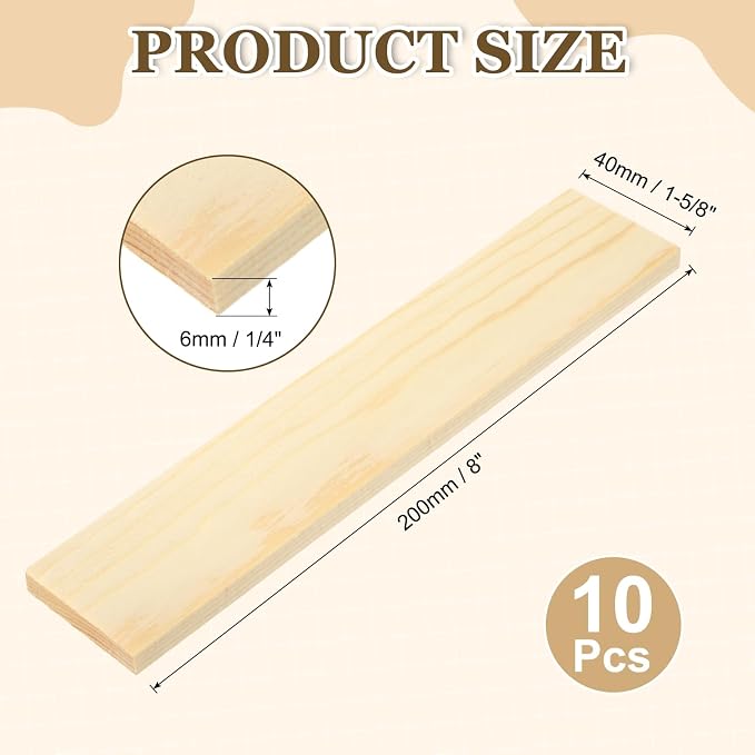 MECCANIXITY 10Pcs Wood Strips Slats, 1/4" x 1‑5/8" x 8" Thin Wood Sticks Flat