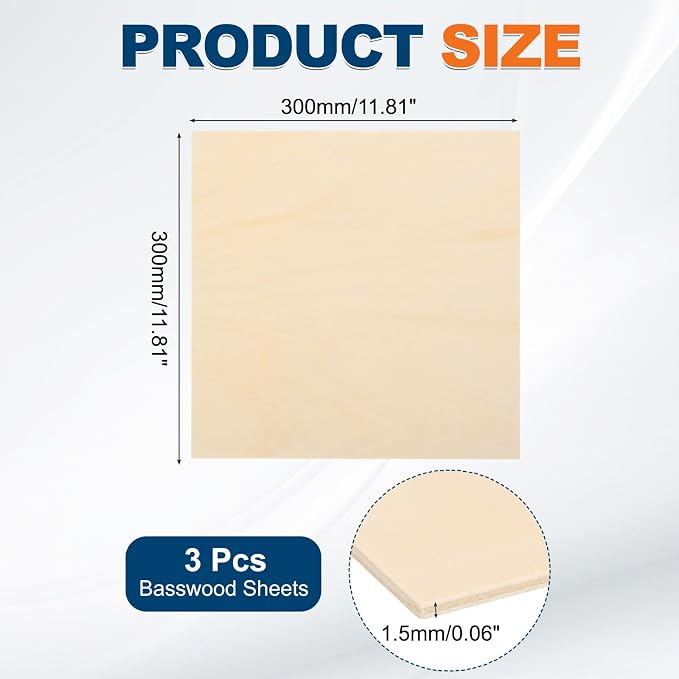 MECCANIXITY 3pcs Basswood Sheets 12 x 12 x 1/16 Inch Unfinished Wood Boards