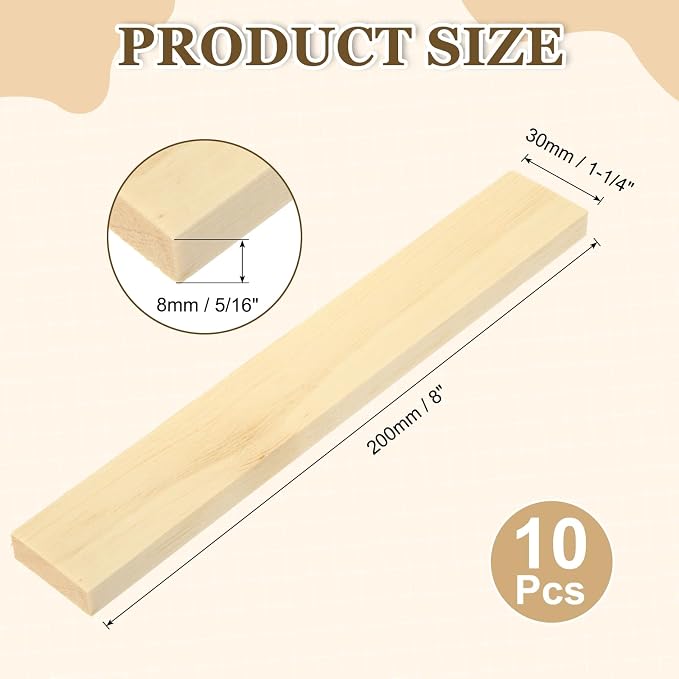 MECCANIXITY 10Pcs Wood Strips Slats, 5/16" x 1‑1/4" x 8" Thin Wood Sticks Flat