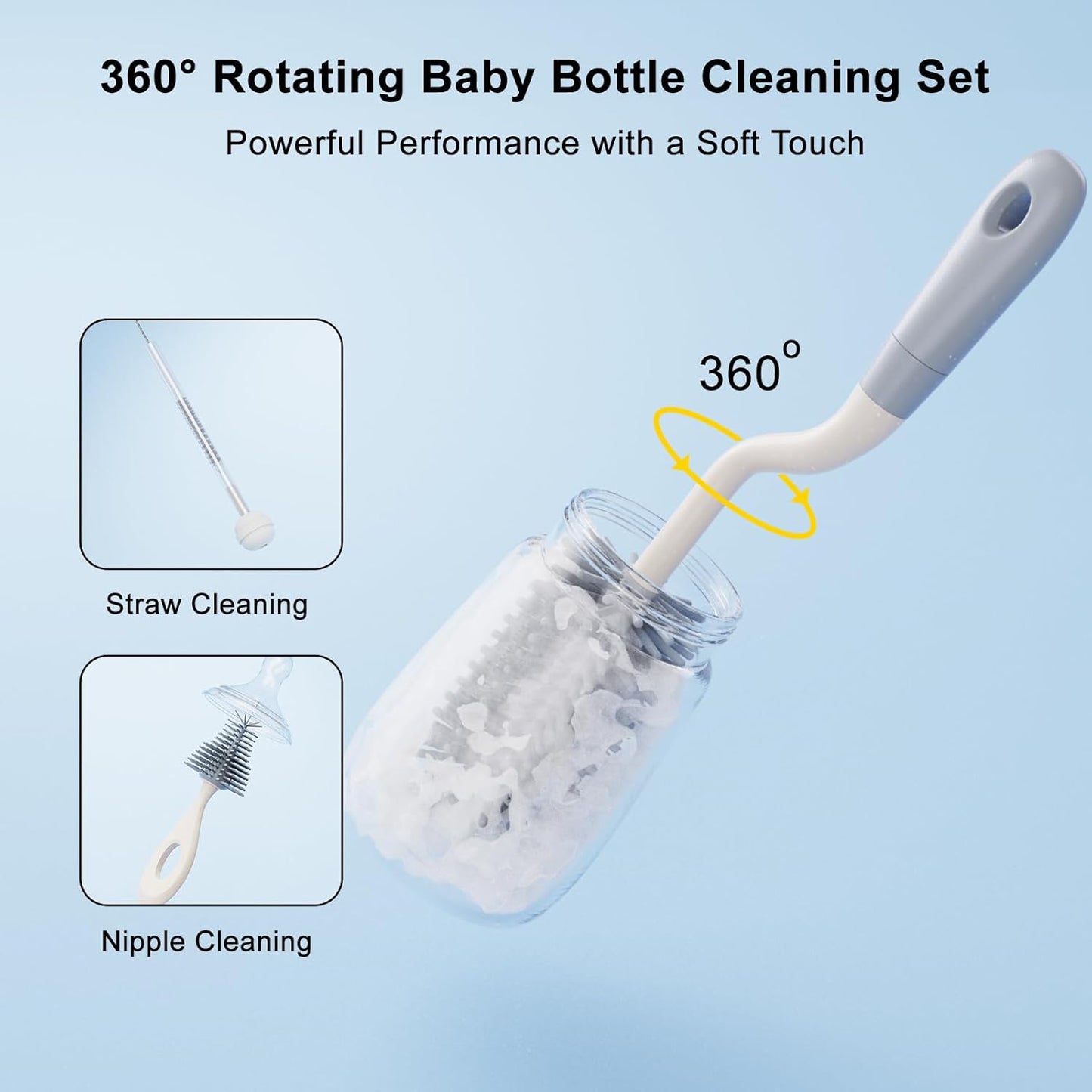 Silicone Bottle Brush Set with Stand, 360° Rotating Bottle Cleaning Brush Cleaner Set, Long Handle 3 in 1 Multipurpose Silicone Baby Bottle Straw Cleaner Brush (Grey)