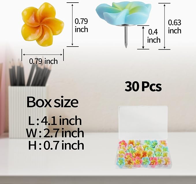 30pcs Flower Cabochons Flatback Plumeria Flower Push Pins in 7 Colors Cute