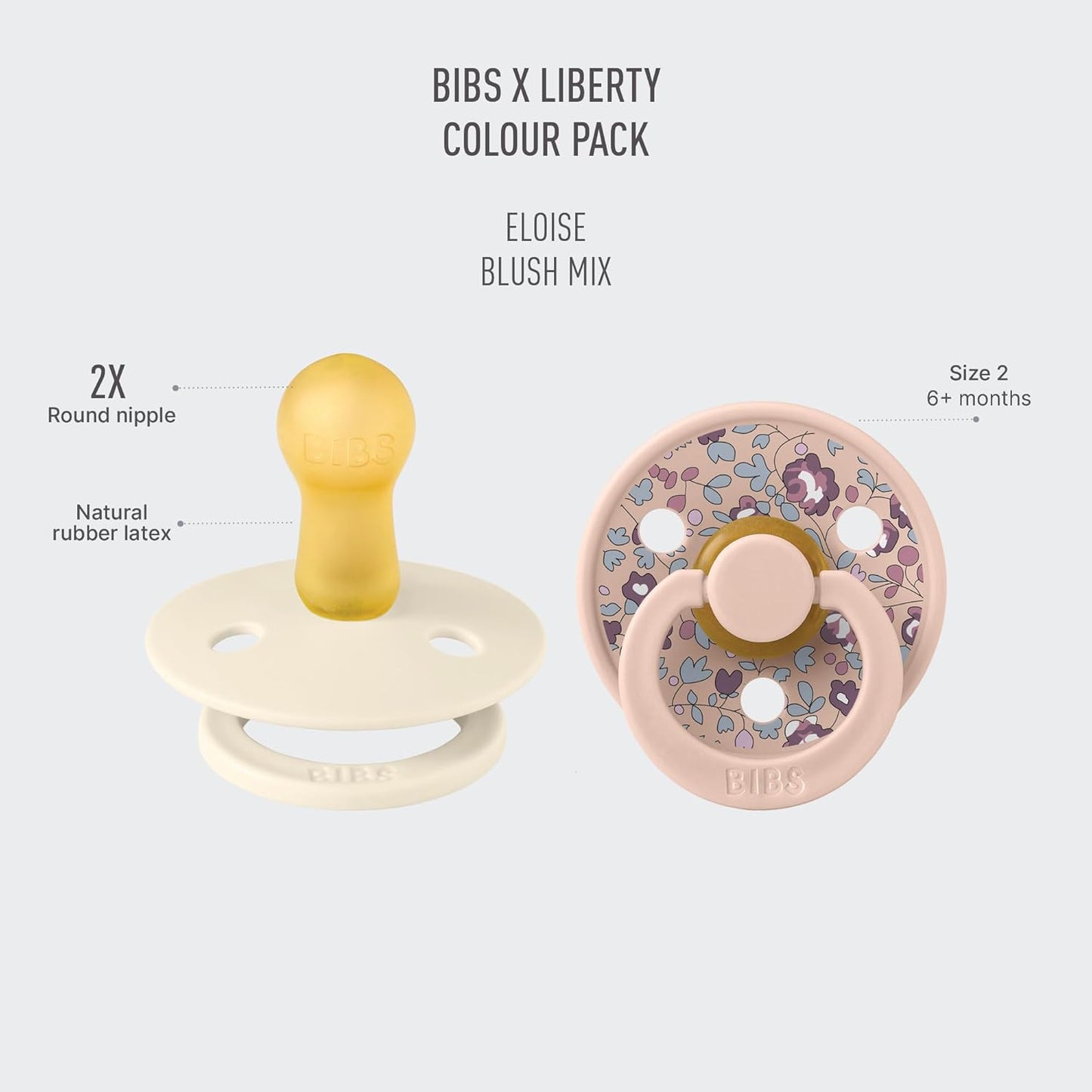 BIBS Colour Liberty Soother 2-Pack, BPA Free Dummy Pacifier, Round Nipple. Natural Rubber Latex, Made in Denmark, Size 2 (6-18 Months), Eloise Blush