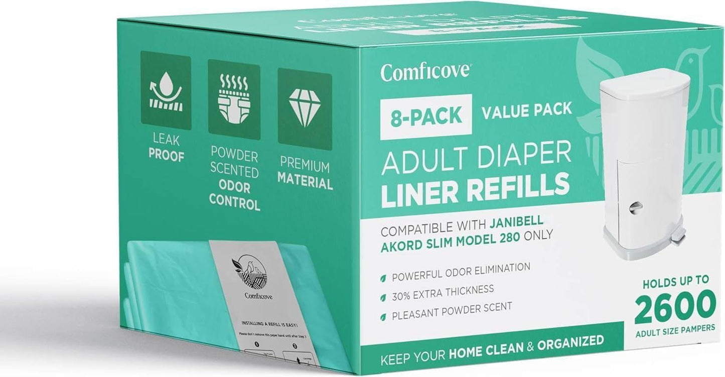 8 Pack Adult Diaper Liner Refills, Compatible with Janibell Akord 280 Slim Model, Adult Diaper System to Eliminate Waste, Odor Resistant by Comficove