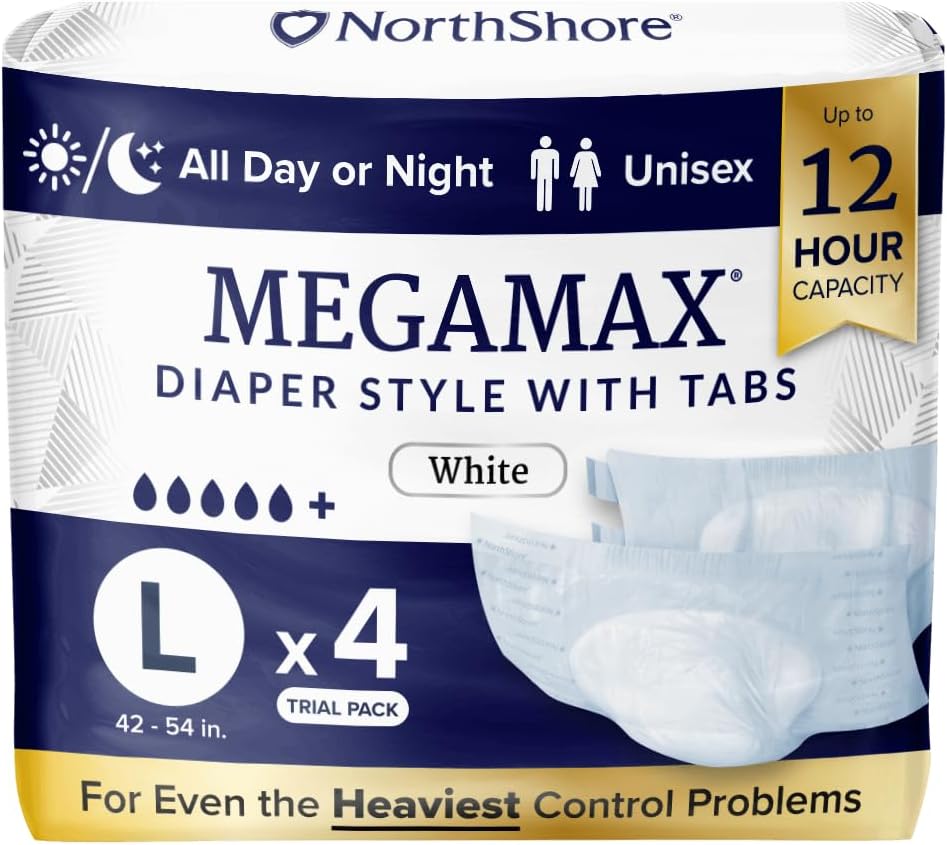 NorthShore MegaMax Adult Overnight Diapers, 12-Hour Tab-Style, Large, 4 Count Starter Pack, White, 42-54 inches, Unisex Incontinence Underwear