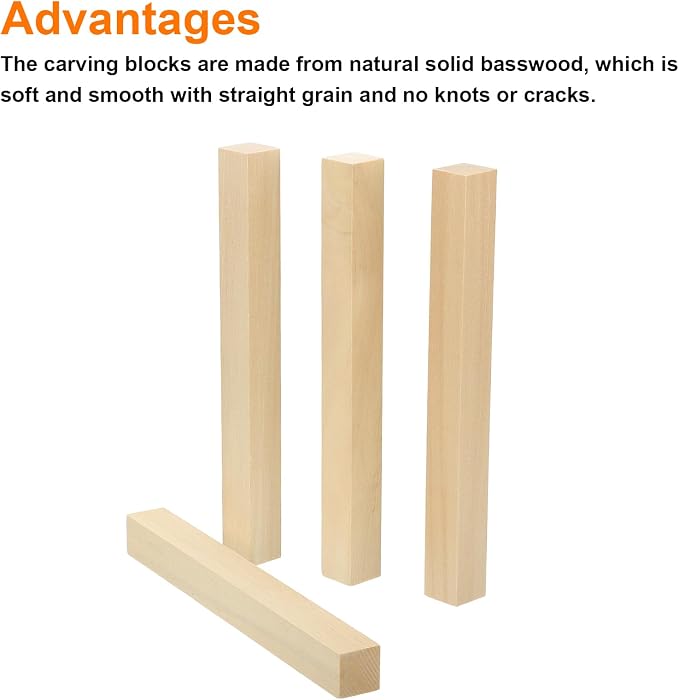 MECCANIXITY 4Pcs Basswood Carving Block, 0.8"x0.8"x8" Square Wooden Dowels