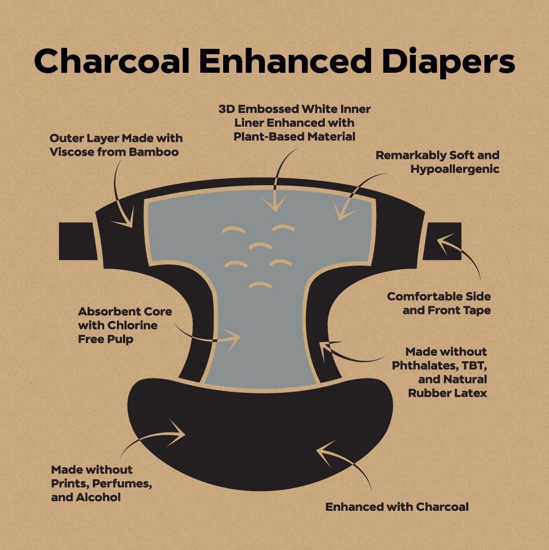 DYPER - Charcoal Enhanced Day & Overnight Disposable Baby Diapers - Made with Plant-Based* & Honest Ingredients, Hypoallergenic for Sensitive Skin - Size 4, (44 Count)