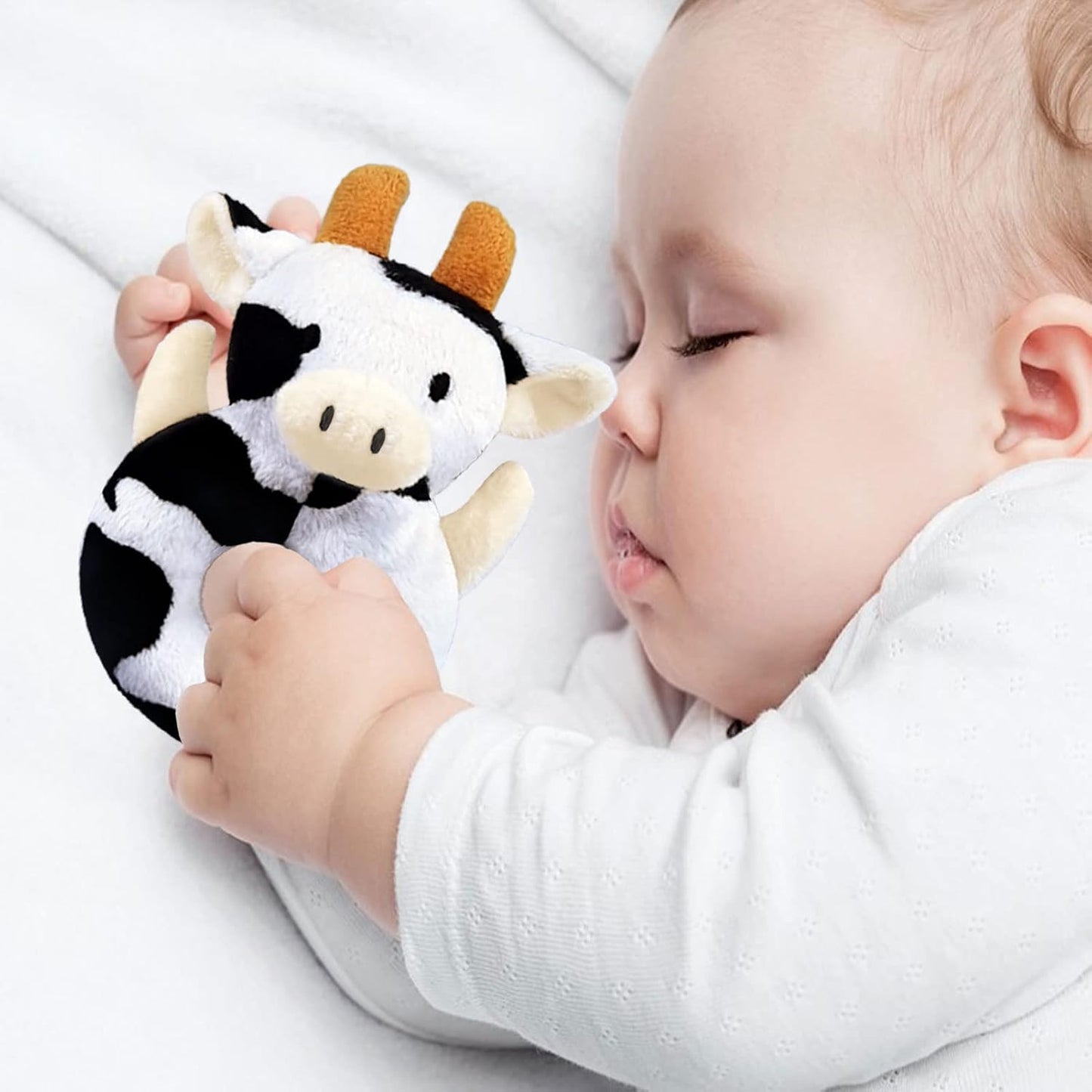 Baby Cow Soft Rattle Toy, Dairy Cattle Plush Infant Shaker Rattle Easy-Grasp Stuffed Animal Toy, Gifts for Newborns Babies Toddlers Boys Girls, Orange Horns, 6 Inches