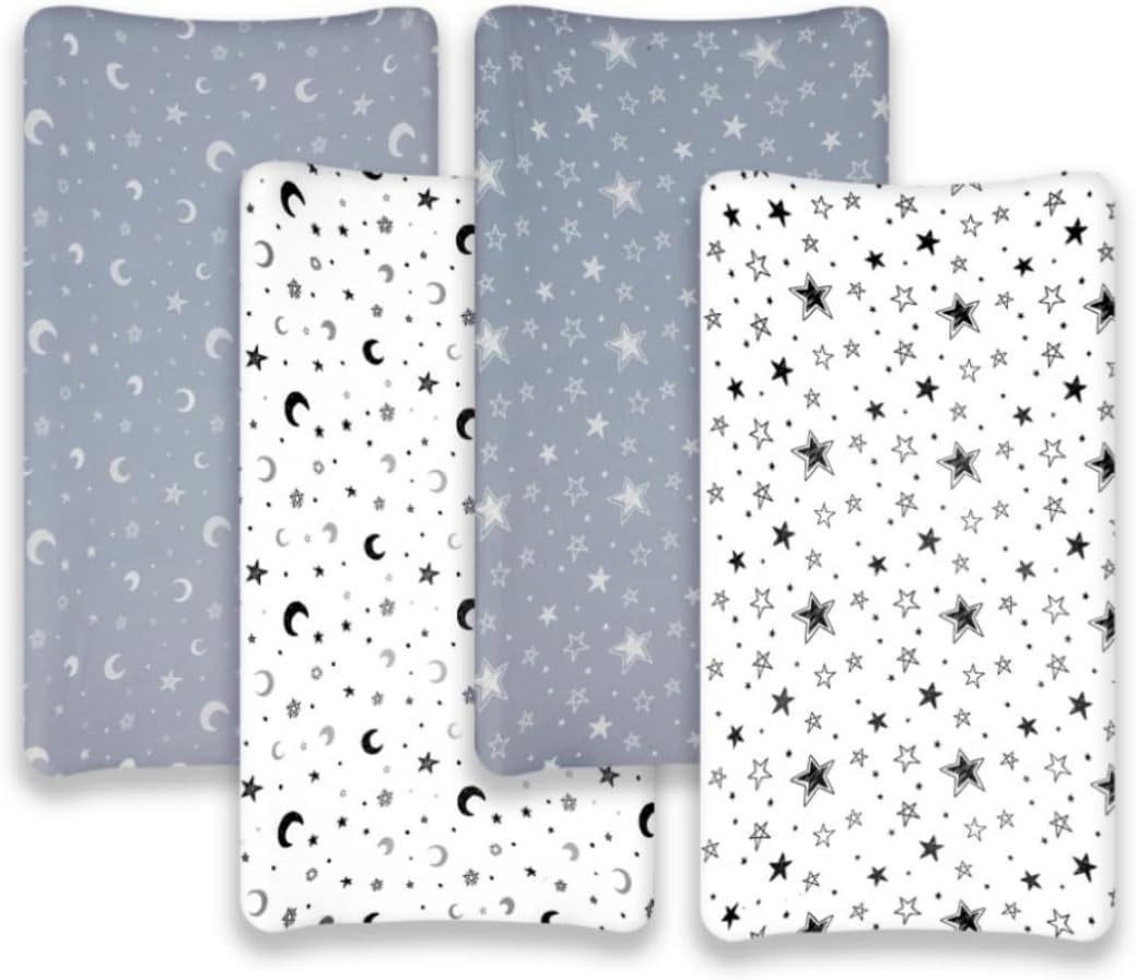 4 Pack Star and Moon Neutral Unisex Fitted Baby Sheets Set for Baby Boys or Girls (Changing pad Cover)