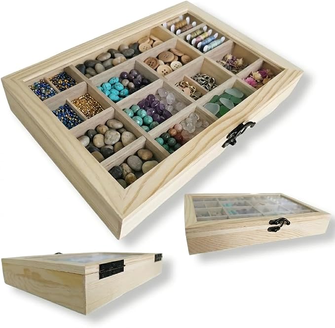 2 Pack Unfinished Wood Box, Glass Lid, 14 Compartment Jewelry Organizer |