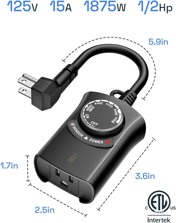 HBN Outdoor Light Timer with Remote Control, Waterproof Light Sensor Timer, 100 ft Wireless Range, 1 Grounded Outlet for Christmas Lights, 15A 1/2HP Heavy Duty