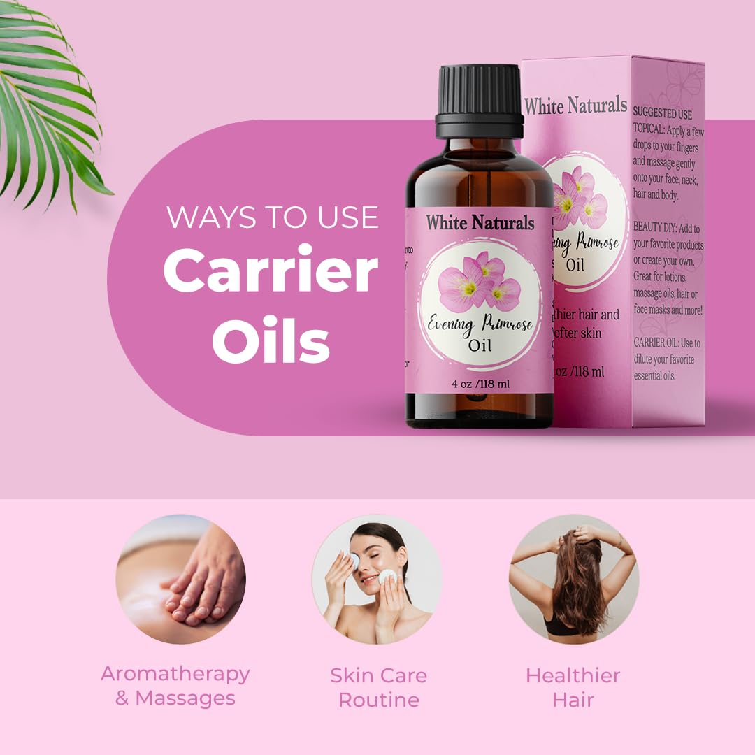White Naturals Evening Primrose Carrier Oil – 100% Pure & Cold-Pressed, Lightweight & Nourishing Oil for Skin Care, Hair Care & DIY Beauty, 4oz
