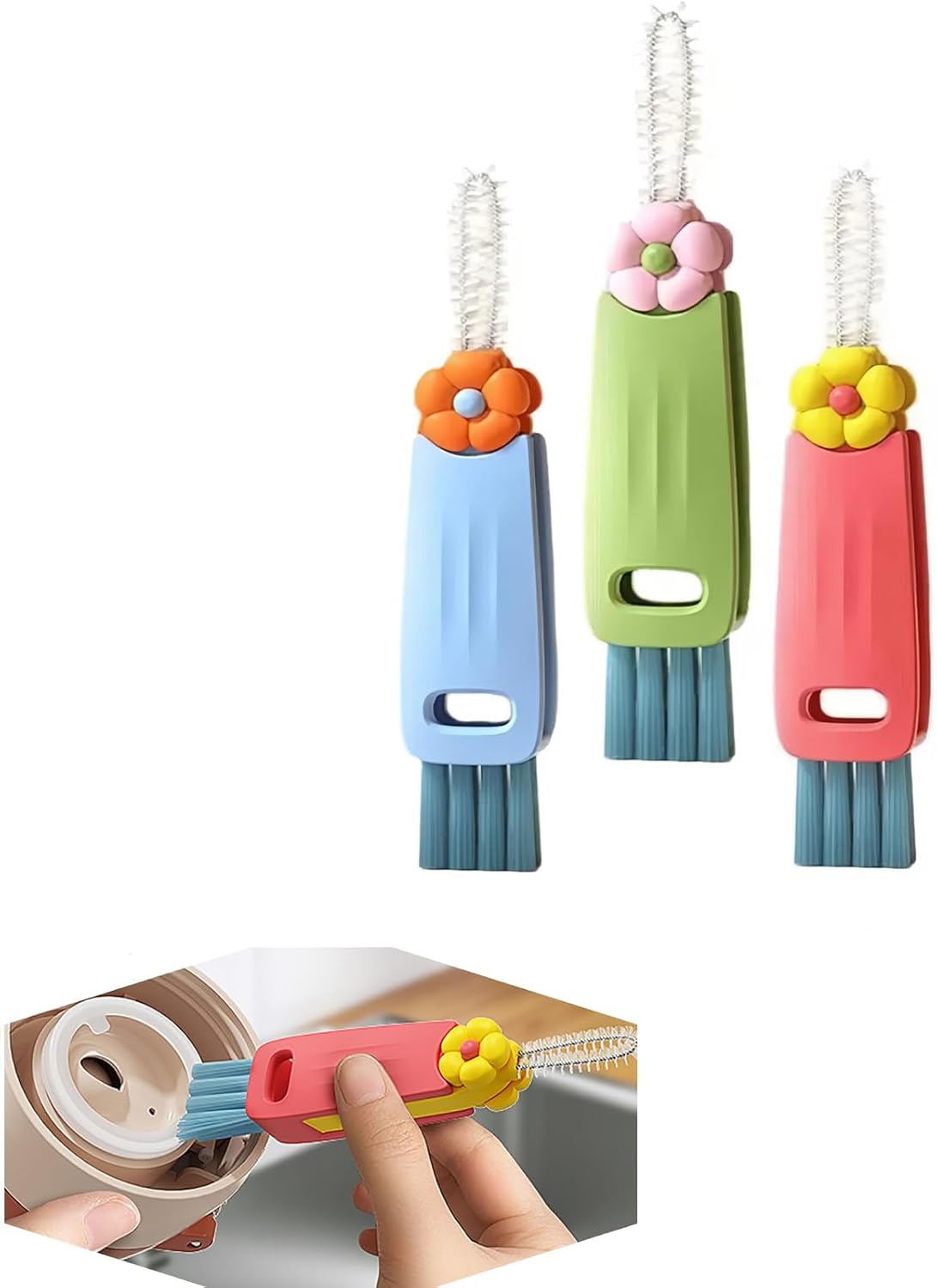 3-Pack Cleaning Brushes - Deep Clean Bottle Necks, Straws & Cup Lids, 3-in-1 Tight Space Scrubber for Water Bottles, Travel Mugs, Home Kitchen&Office. Dishwasher Safe
