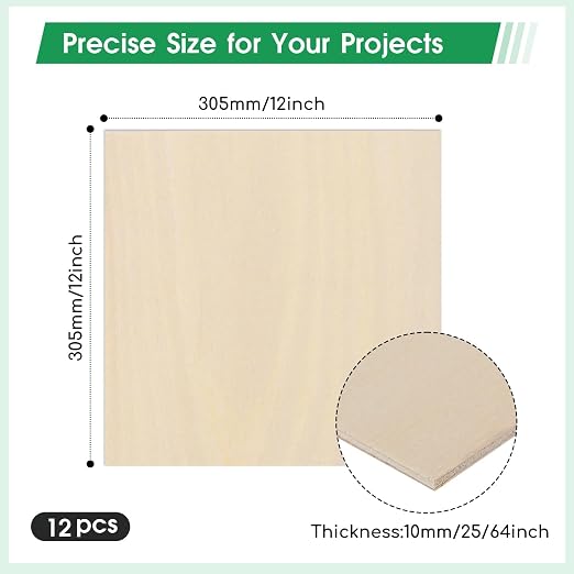 12 Pack Basswood Sheets 12"×12"×25/64" Unfinished Plywood Sheet | Smooth Thin