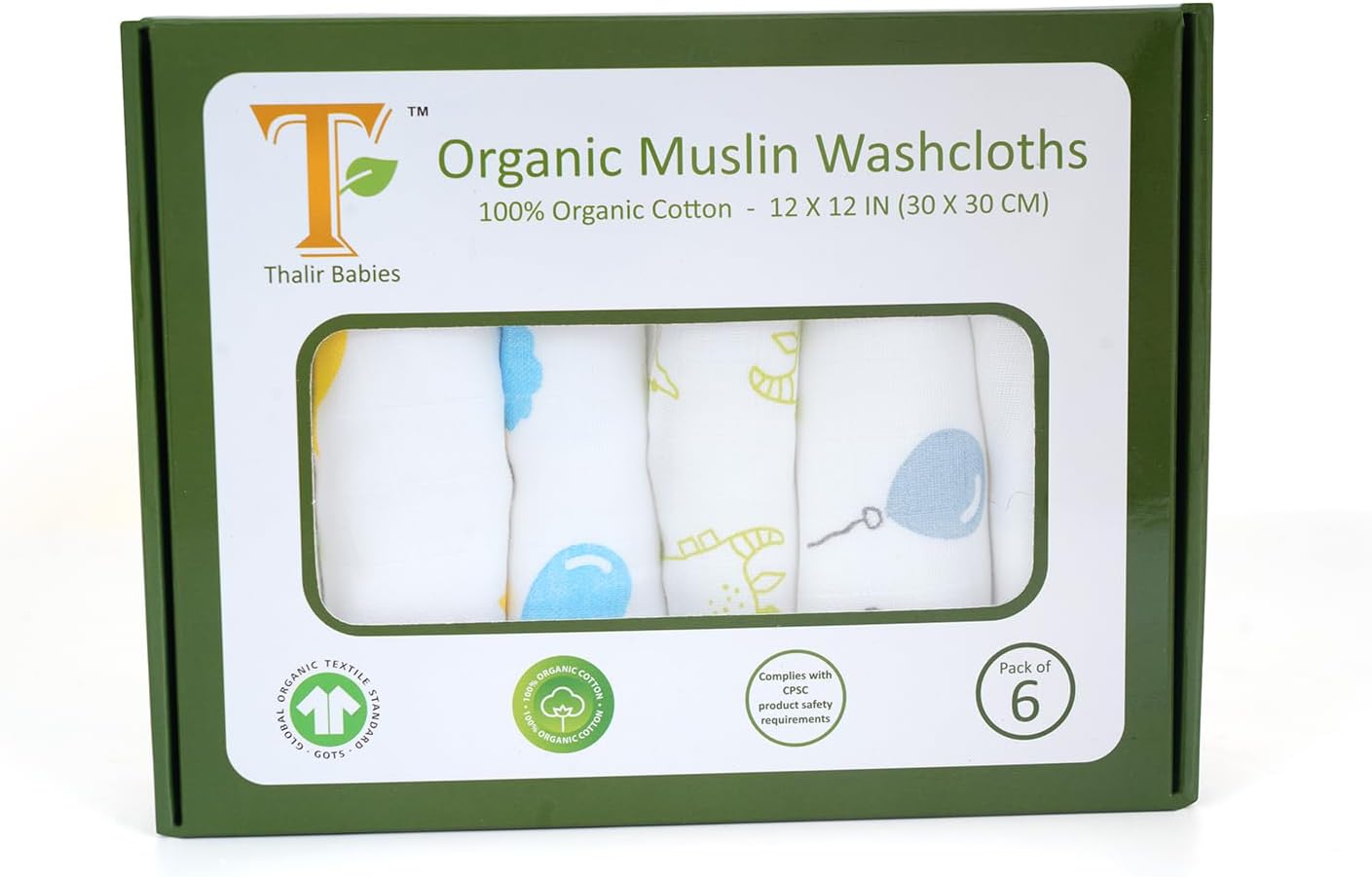 T 100% Organic Muslin Cotton Baby Washcloths - GOTS Certified - complies with CPC - Pack of 6 (White Base, Sea2Sky)