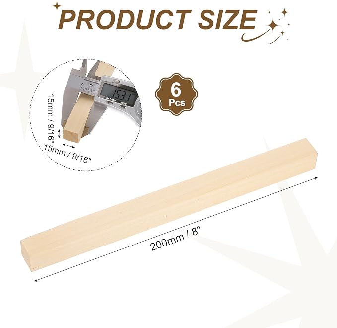 MECCANIXITY 6Pcs Basswood Sticks, 9/16" x 9/16" x 8" Square Wooden Dowel Rods