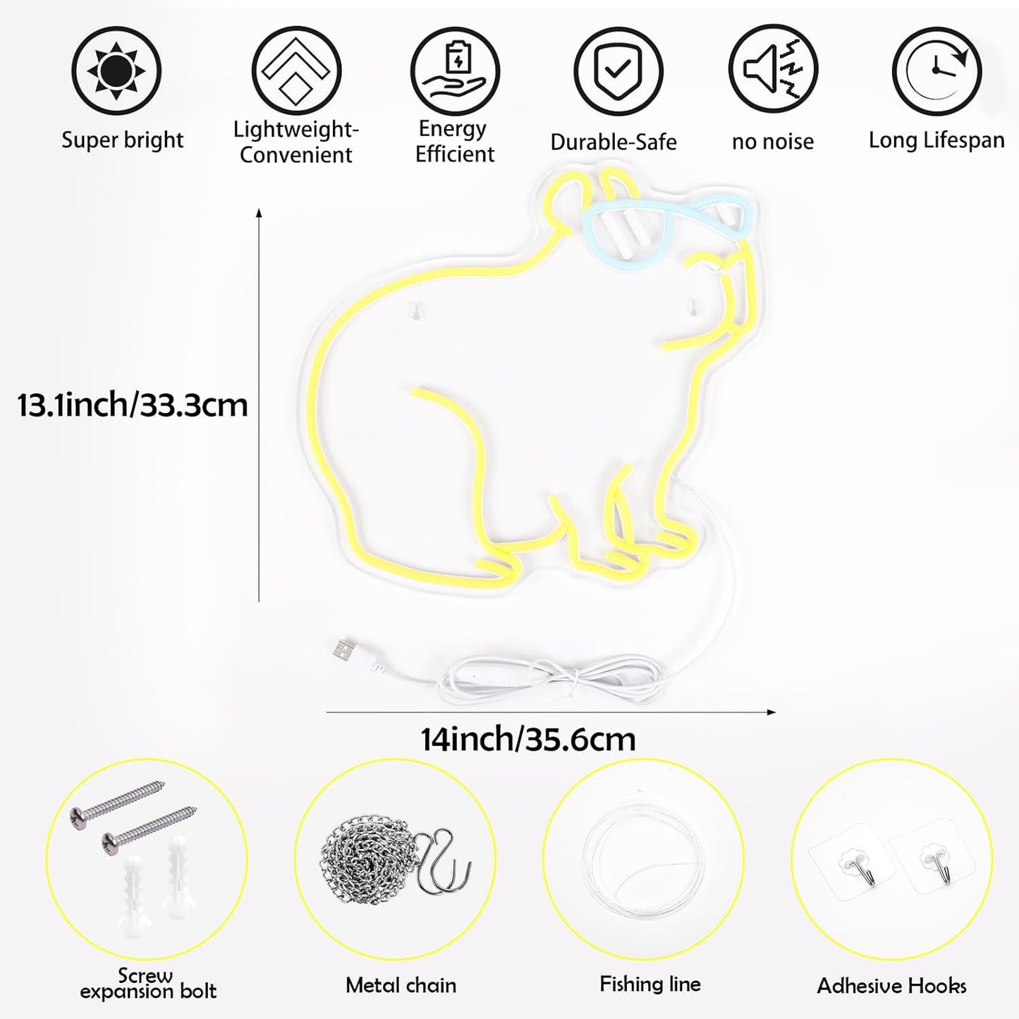 Cool Capybara Neon Sign, Dimmable Capybara Lemon Yellow LED Wall Light, Fun Cute Animal Night light Decor for Teens Room, Bedroom, Game Room, Pet Store, Birthday Party Gift