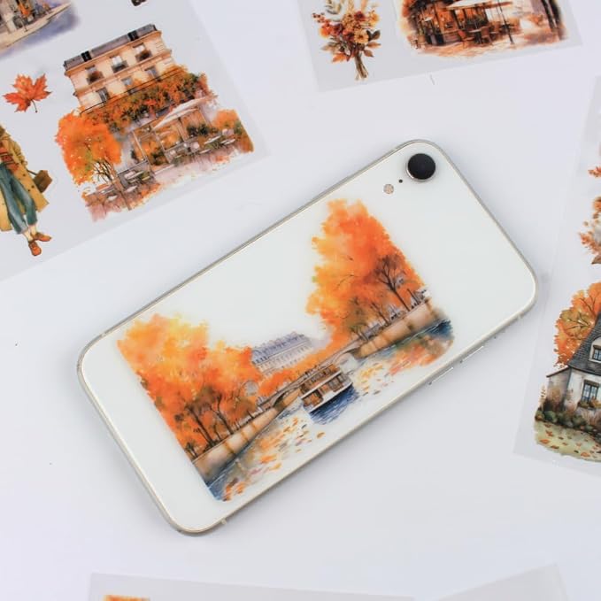 Fall Landscape Pre-Cut Autumn Journal Sticker Book, Transparent PET Watercolor