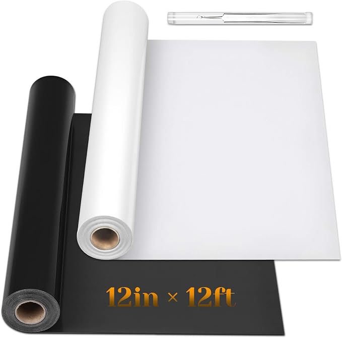 12" x 24ft Heat Transfer Vinyl Rolls, Flasoo 2 Rolls Black and White HTV Iron