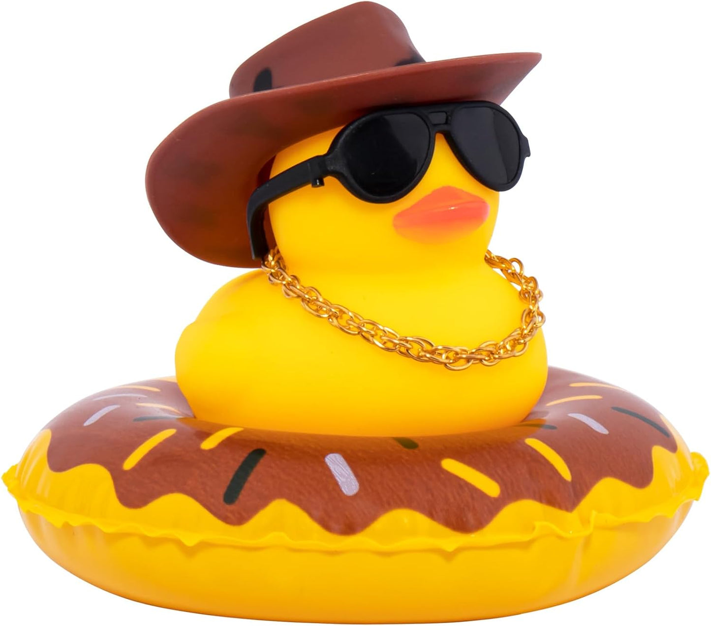 wonuu Car Rubber Duck, Yellow Duck Decoration Dashboard with Sun Hat Swim Ring Necklace Sunglasses for Car Dashboard Decorations, Black Spots Brown Cowboy Hat-Brown Donut