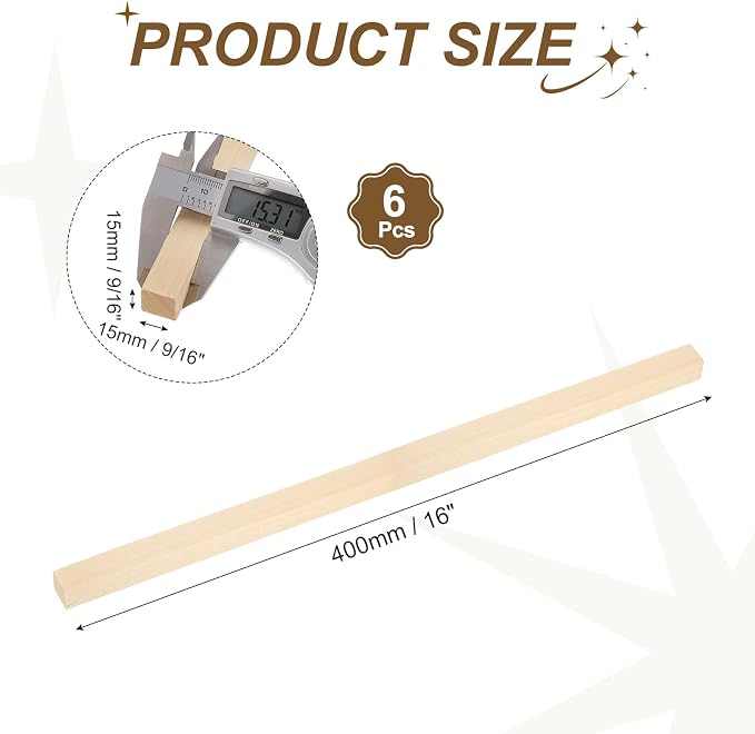 MECCANIXITY 6Pcs Basswood Sticks, 9/16" x 9/16" x 16" Square Wooden Dowel Rods