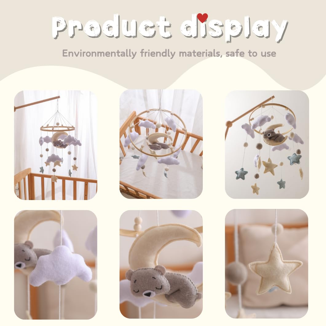 GOODMOM Sleeping Bear Baby Crib Mobile Handmade Soothing Bedtime Baby Mobile for Crib Felt Night Mood Nursery Decor for Baby Boy&Girl Easy Assembly & Durable Newborn Gift (Moon Bear)