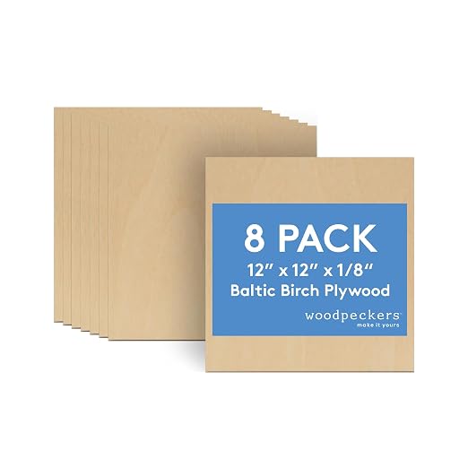 3 mm Baltic Birch Plywood 1/8 x 12 x 12 Inch, Box of 8 B/BB Grade Craft Wood