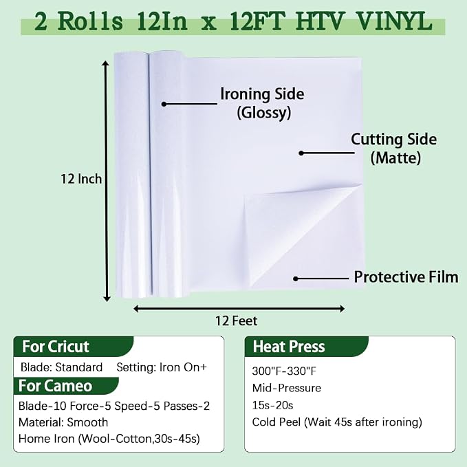 guangyintong Glitter White Heat Transfer Vinyl HTV Rolls, 2 Rolls 12" x 12ft