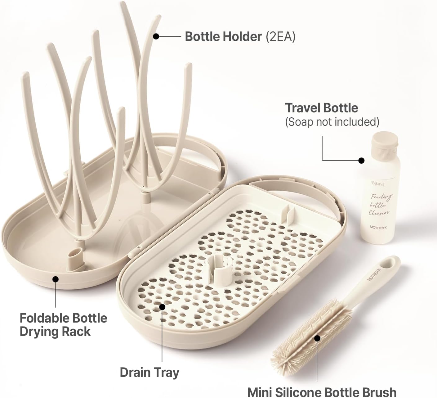 MOTHER-K Travel Baby Bottle Drying Rack Set - Baby Bottle Cleaner Kit with Mini Silicone Bottle Brush, Portable Bottle Drying Rack for Home and Travel (Cream)