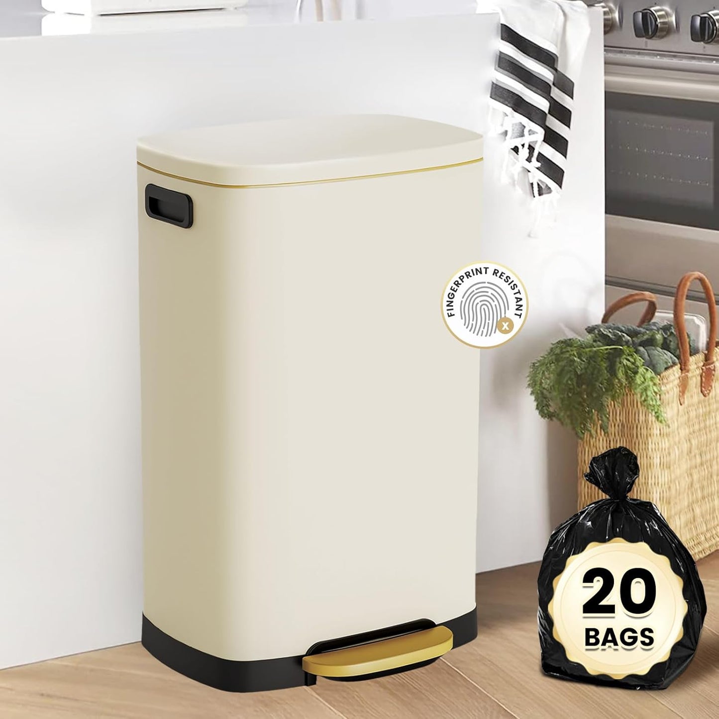 ELPHECO Kitchen Trash Can with Lid Soft Close, 13 Gallon / 50L Stainless Steel Pedal Garbage Can, Heavy-Duty Fingerprint Proof Step Wastebasket with 20 Bags, Removable Bucket, Home Office, Cream Beige