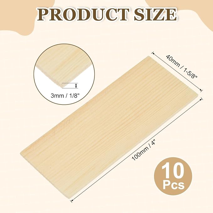 MECCANIXITY 10Pcs Wood Strips Slats, 1/8" x 1‑5/8" x 4" Thin Wood Sticks Flat