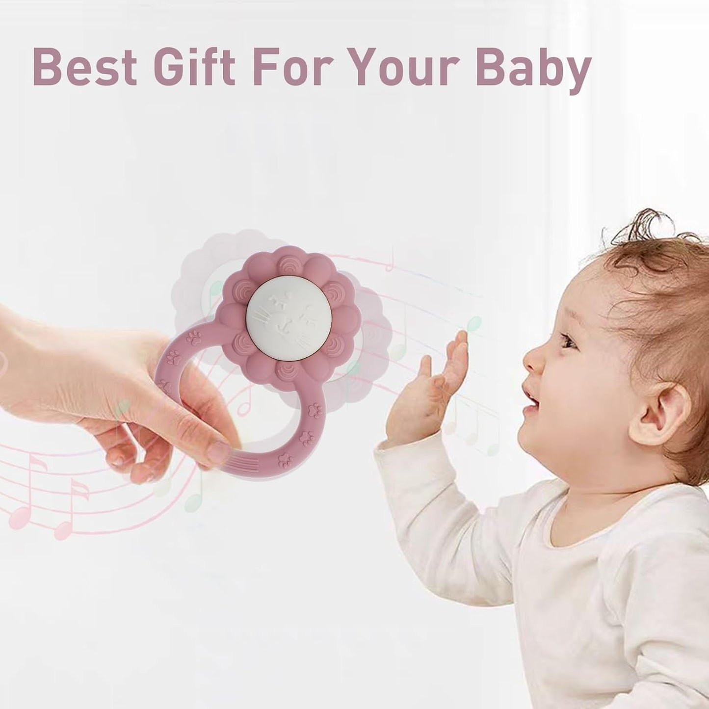 Rattle Teether, Lion Shape Montessori Baby Sensory Teething Toys, Food Grade Silicone BPA Free, Newborn Essentials Must Haves (Shifting Sand Powder Rose)