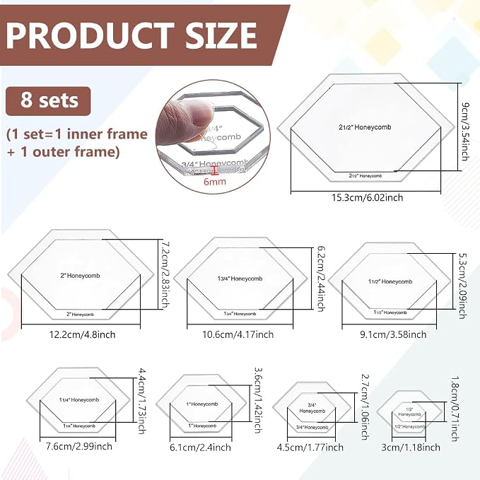 BENECREAT 16 Pcs Honeycomb Quilting Template, Acrylic Quilting Templates Rulers