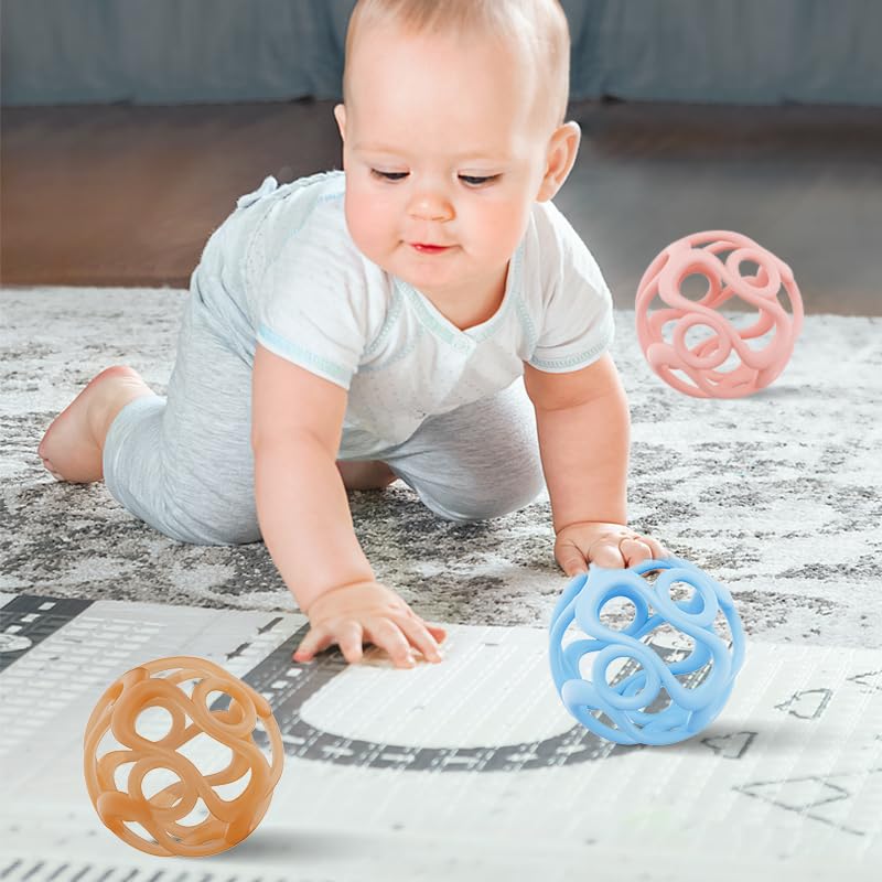 Silicone Teething Ball Toy, Tactile Sensory Ball Toy for Babies, Easy to Hold Design, Stretchy, Squisly, Soft (Dark Pink)