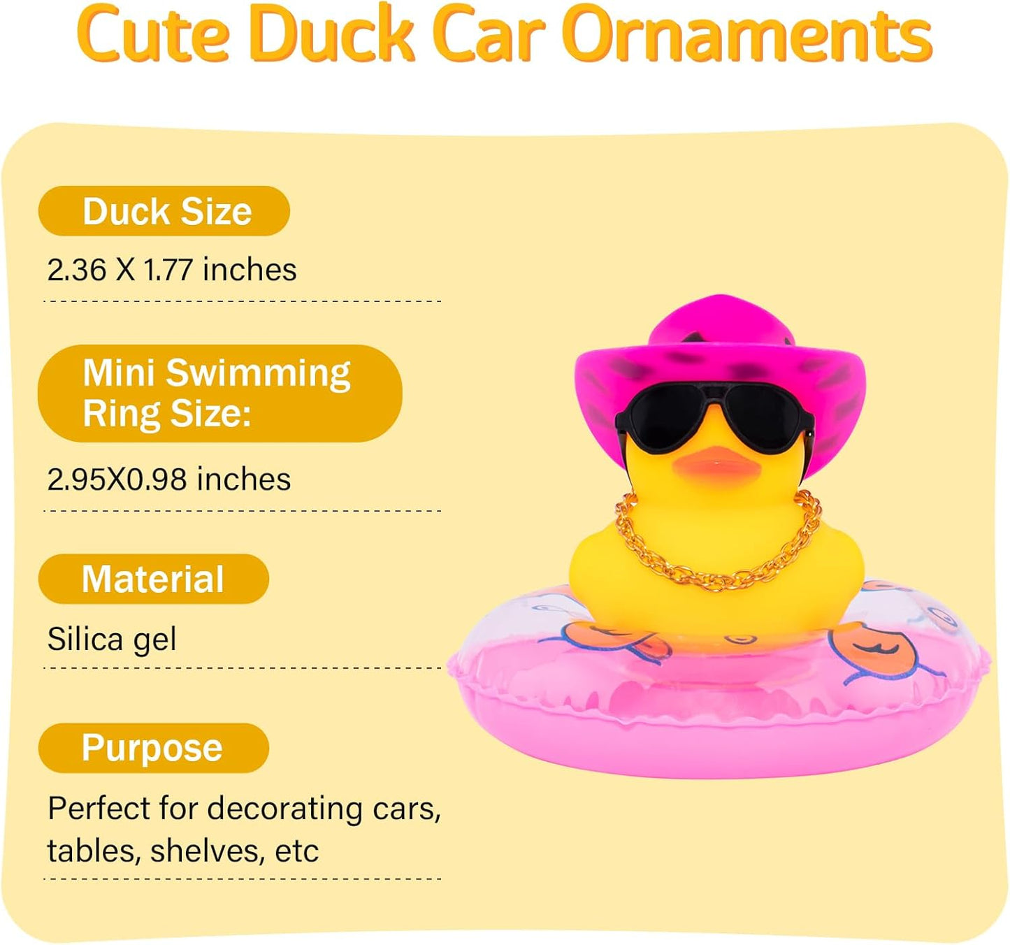 wonuu Car Rubber Duck, Yellow Duck Decoration Dashboard with Sun Hat Swim Ring Necklace Sunglasses for Car Dashboard Decorations, Black Spots Pink Cowboy Hat-Pink