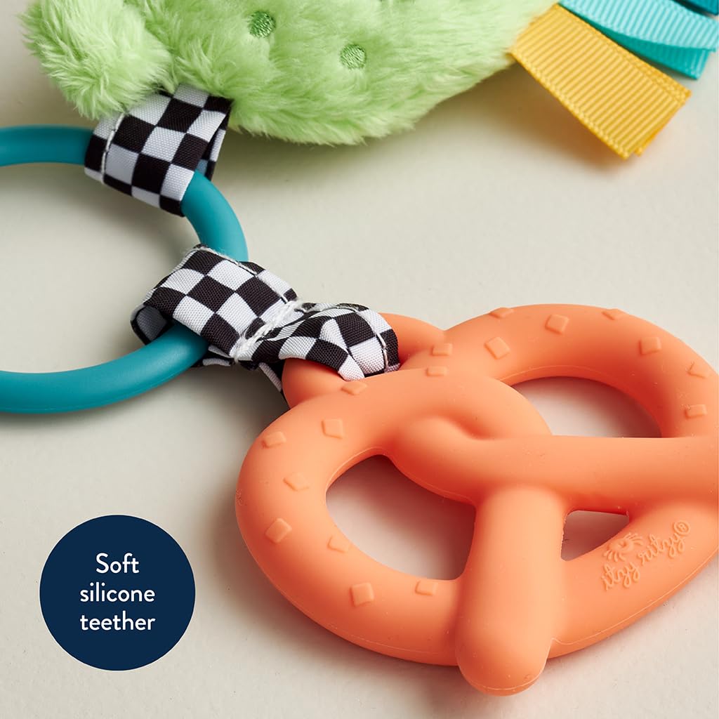 Itzy Ritzy Infant Toy & Teether - Itzy Pal Baby Teething Toy Includes Lovey, Crinkle Sound, Textured Ribbons & Silicone Teether for Newborn (Pickle)