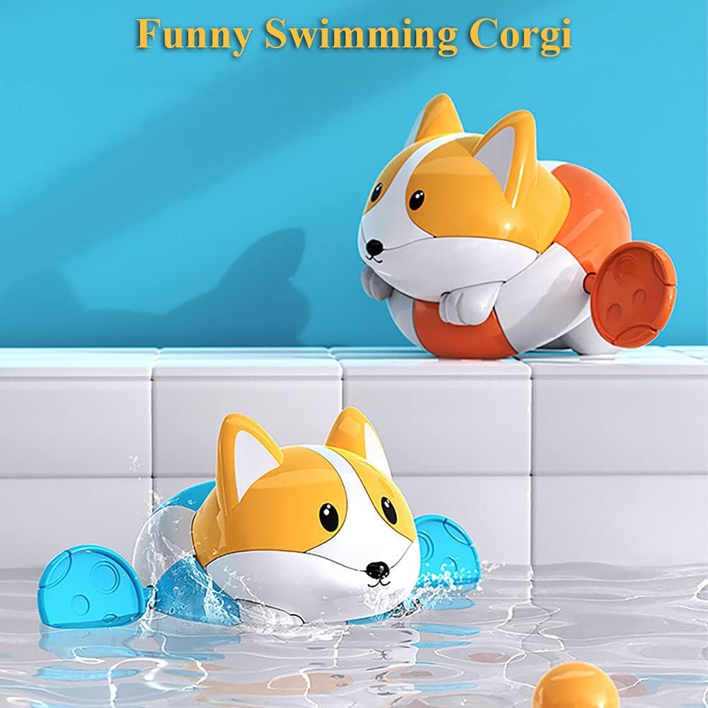 Bath Toy Pull and Go Corgi Bathtub Toy Windup Swimming Corgi Po String Tub Toy Rowing Puppy Floating Water Toy for Boys and Girls (Blue)