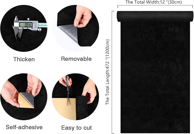 CHIHUT Black Self Adhesive Velvet Fabric Roll 12”x472” Creased Velvet Peel and