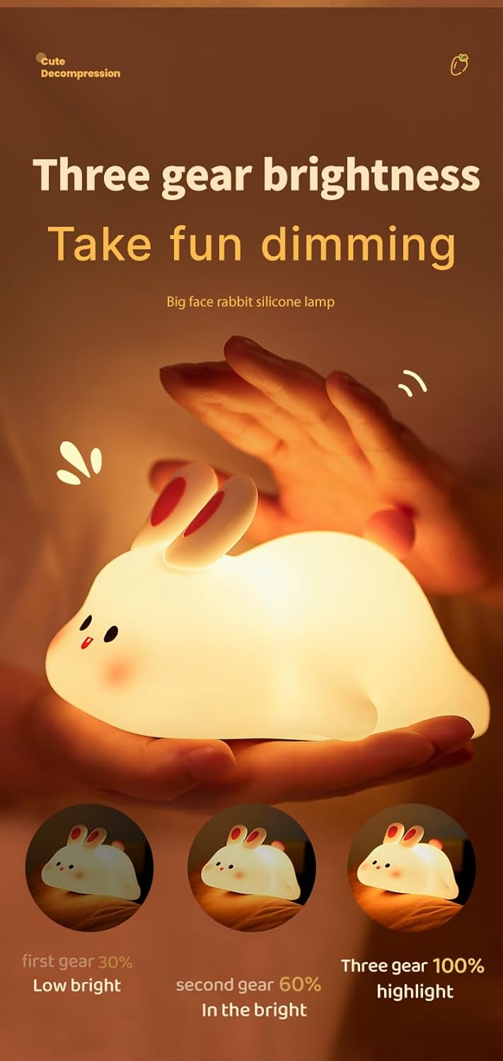 ATSUI Rabbit Night Light, LED Squishy Novelty Animal Night Lamp, Food Grade Silicone 3 Level Dimmable Nursery Nightlight for Desk Decor, Funny Gifts Stuff for Boys Girls Baby, White Elephant Gifts